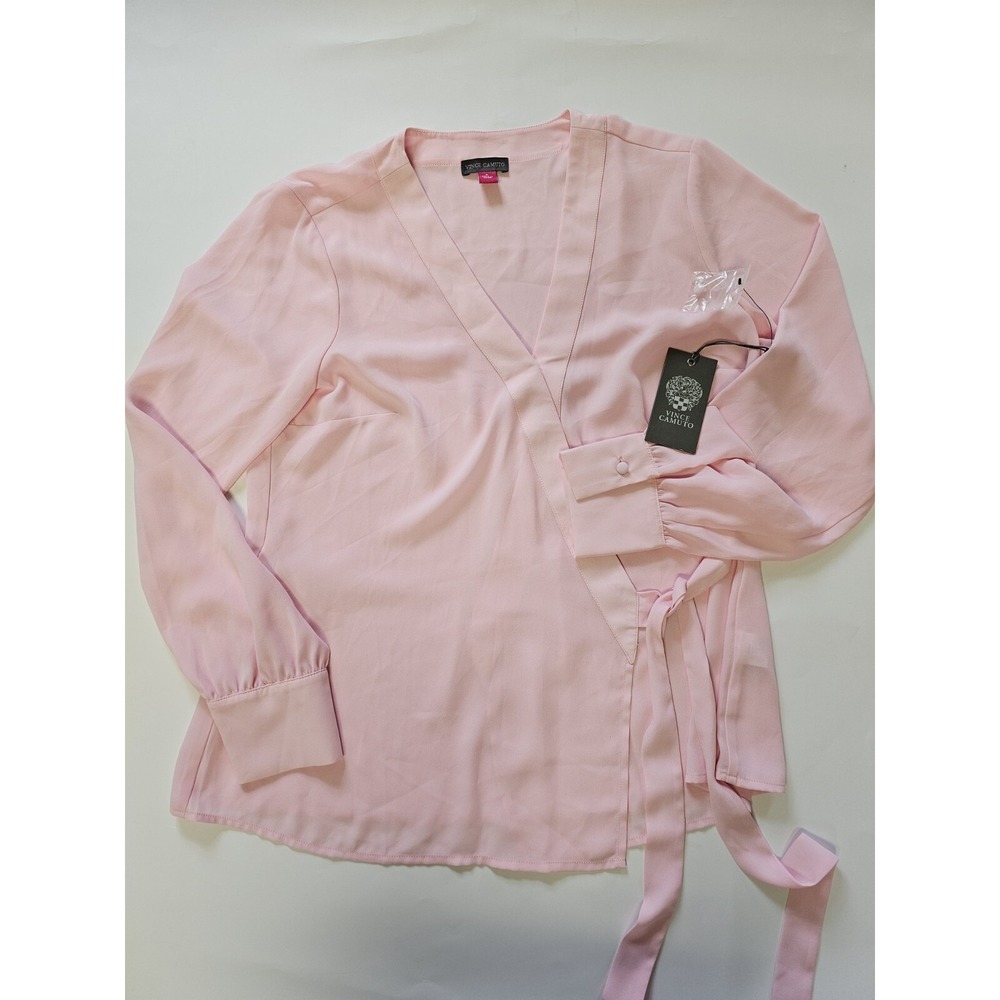 Vince Camuto Women's Pink Wrap Tie Blouse Long Sleeve V Neck Shirt